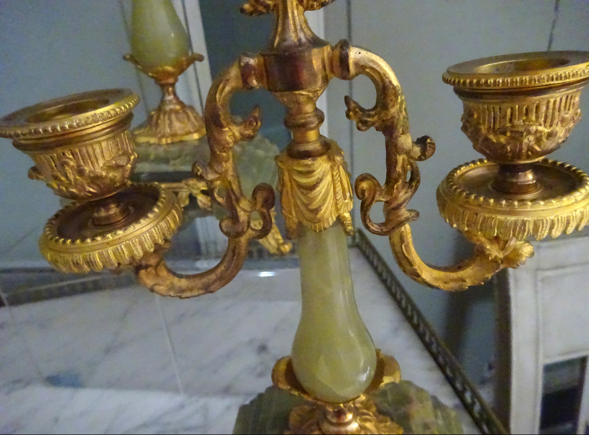 Paire de petits candélabres en onyx vert et bronze doré XIXème-photo-4