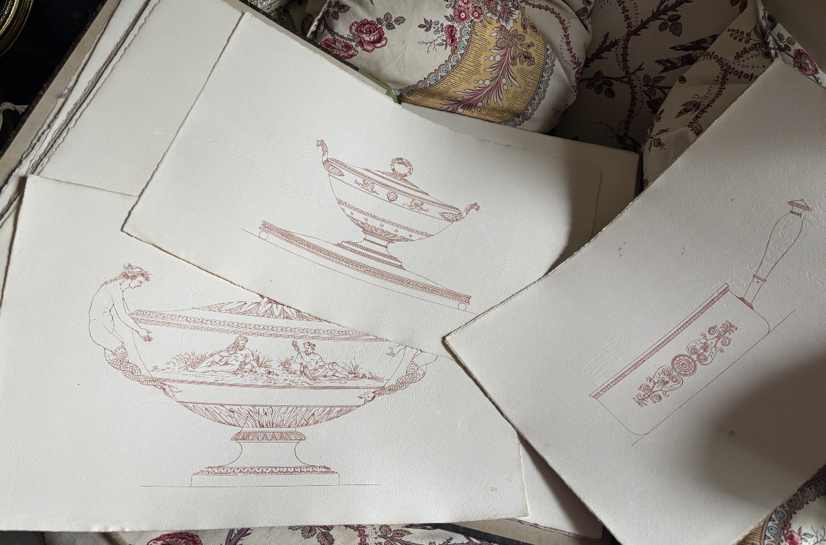 Beautiful Set Of 50 Engravings Depicting Empire-style Goldsmiths' And Silversmiths' Pieces.