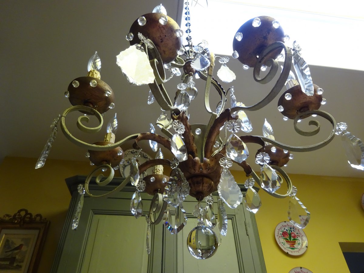 1930/1940 Chandelier In Lacquered Iron And Crystals-photo-3