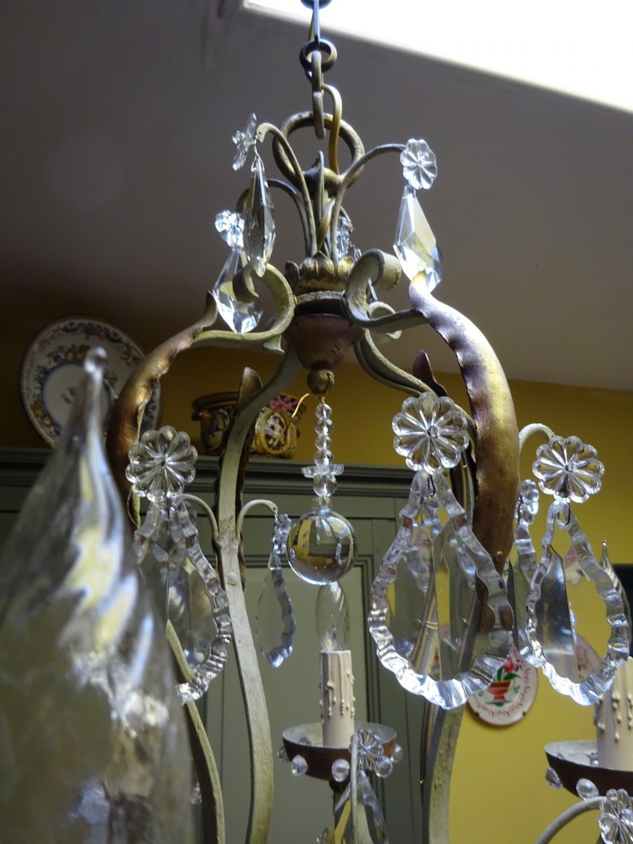 1930/1940 Chandelier In Lacquered Iron And Crystals-photo-4