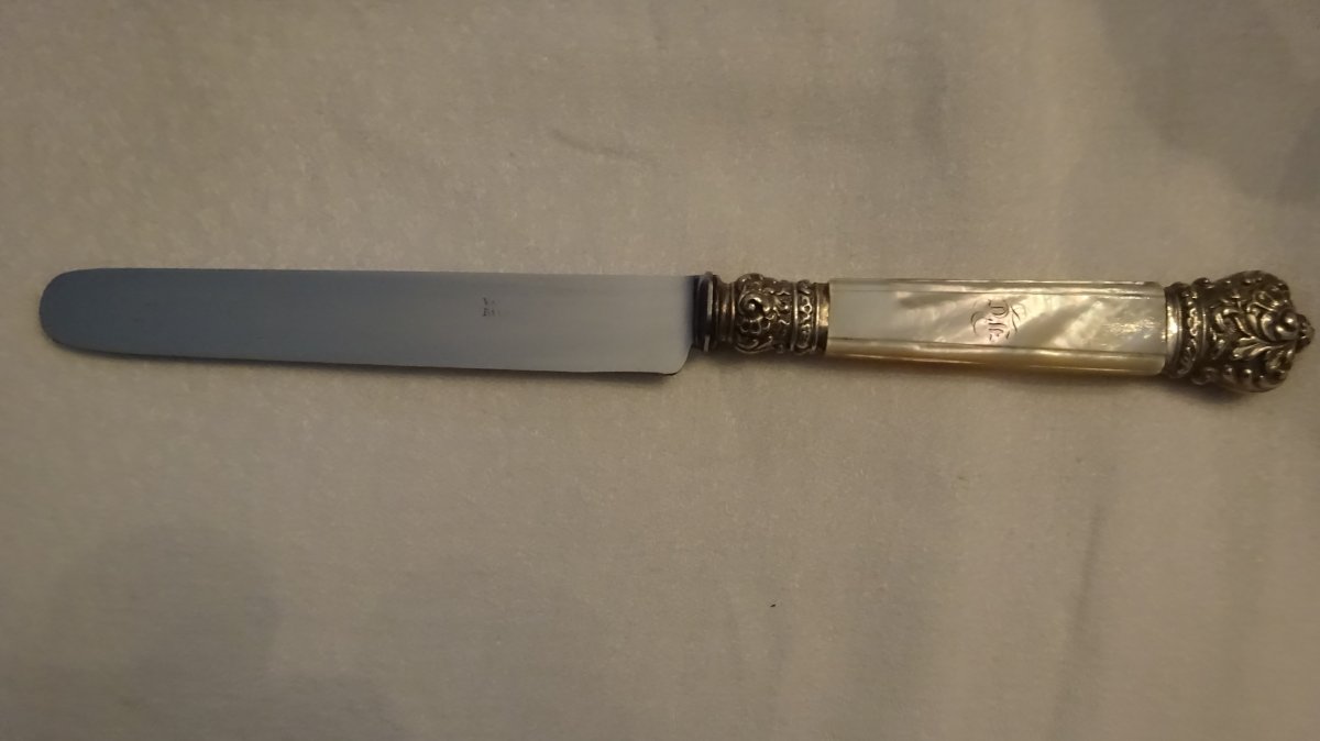 Series Of 12 Cheese Or Dessert Knives Mother Of Pearl And Silver Restoration Period-photo-3