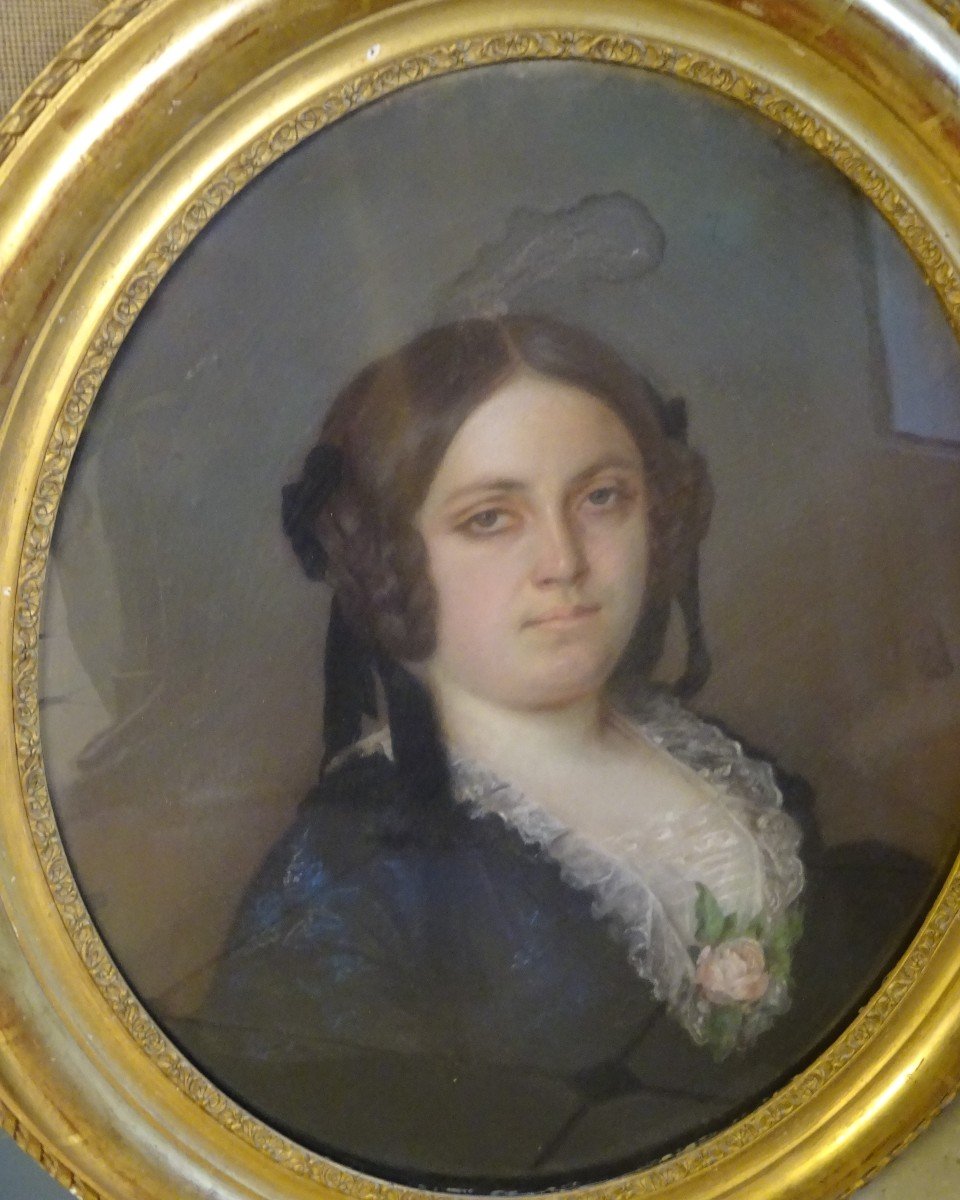 Portrait De Femme, Pastel d'époque Napoléon III-photo-3