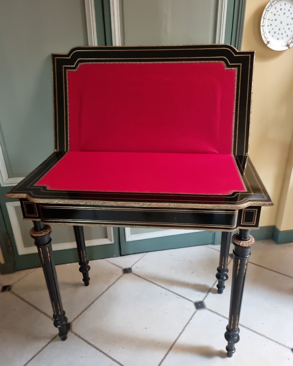 Napoleon III Period Game Table In Brass And Mother Of Pearl Marquetry On Black Wood-photo-4