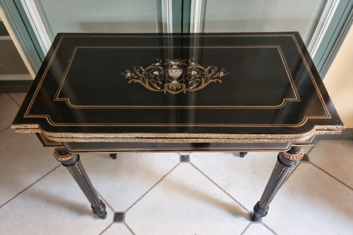 Napoleon III Period Game Table In Brass And Mother Of Pearl Marquetry On Black Wood-photo-1