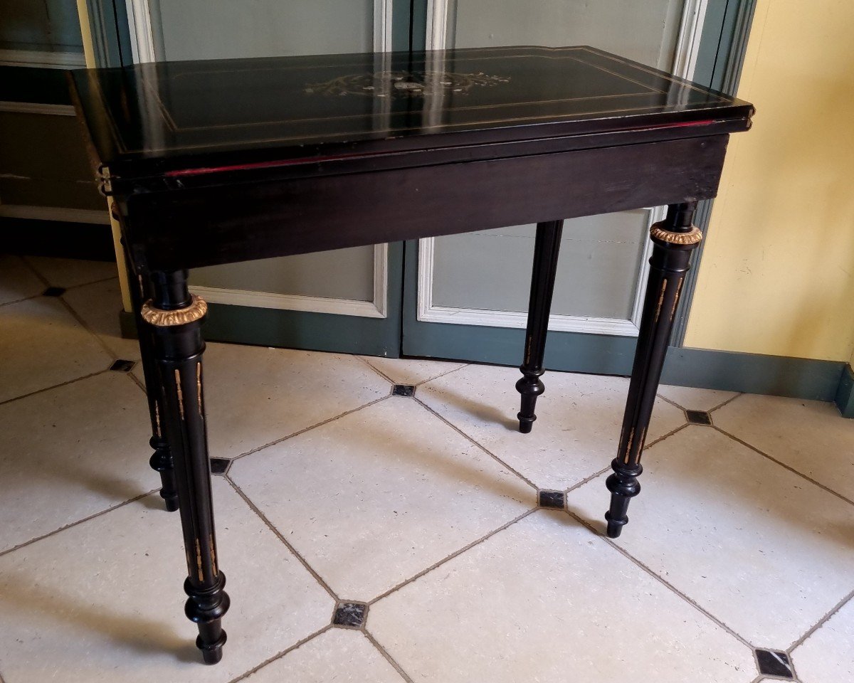 Napoleon III Period Game Table In Brass And Mother Of Pearl Marquetry On Black Wood-photo-2