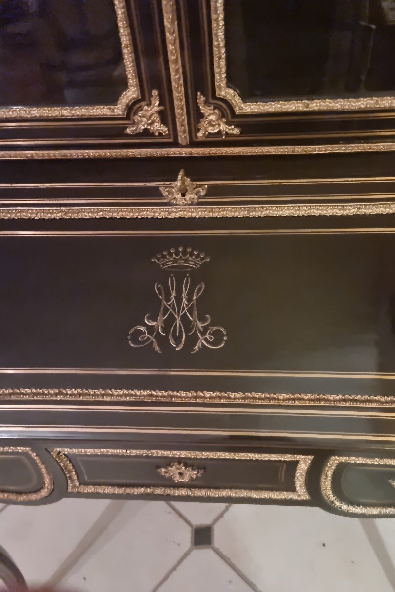Grand Bureau De Pente Surmonté d'Une Vitrine En Marqueterie De Laiton et bronzes dorés époque Napoléon III-photo-2