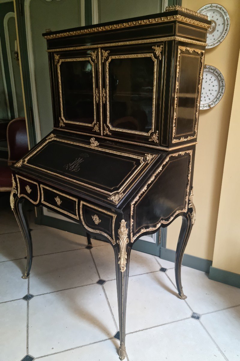 Grand Bureau De Pente Surmonté d'Une Vitrine En Marqueterie De Laiton et bronzes dorés époque Napoléon III-photo-5