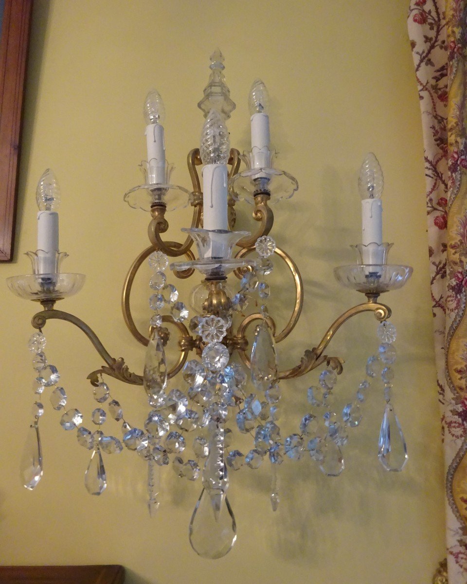 Pair Of Important Sconces In Bronze And Crystal-photo-6