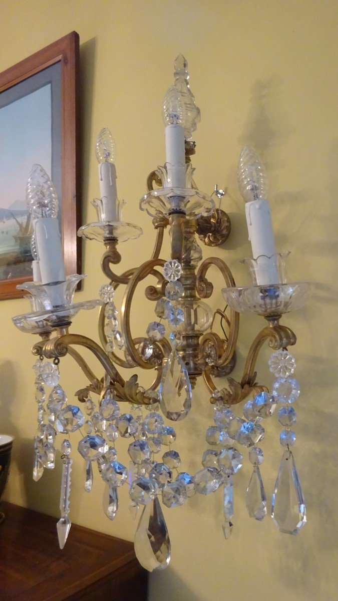 Pair Of Important Sconces In Bronze And Crystal