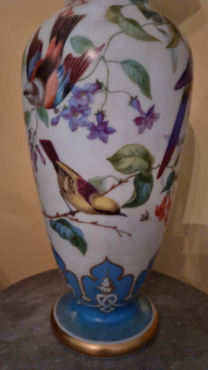 Grand Vase Balustre En Opaline Décorée d'époque Restauration-photo-1
