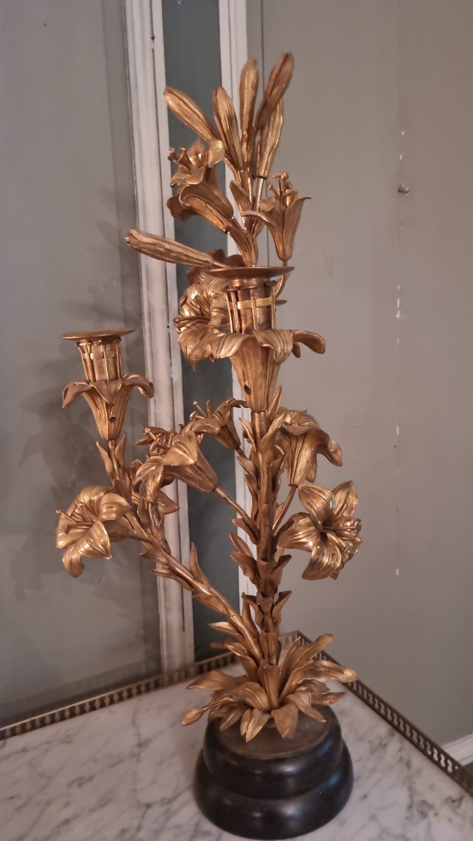 Grand Bouquet De Lys En Bronze Doré Porte Lumière-photo-2