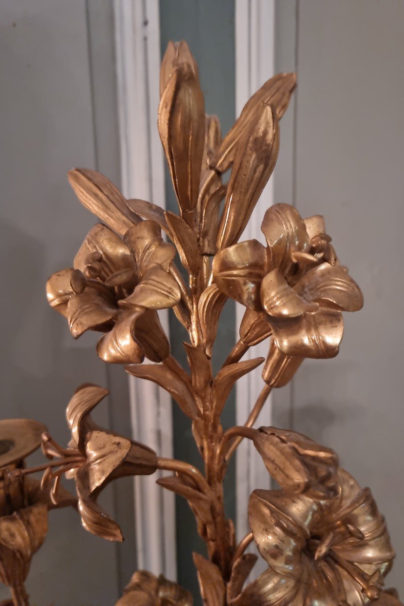 Grand Bouquet De Lys En Bronze Doré Porte Lumière-photo-3