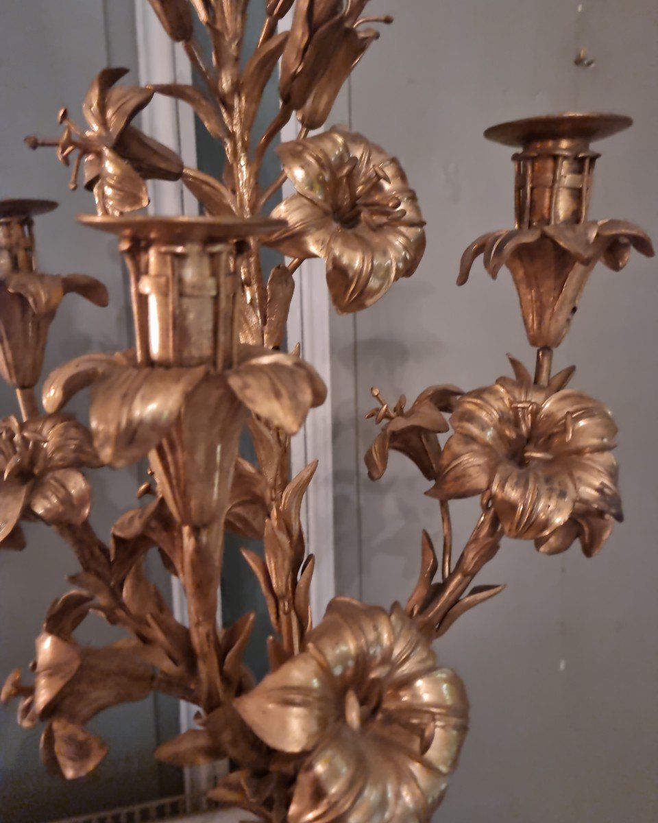 Grand Bouquet De Lys En Bronze Doré Porte Lumière-photo-4