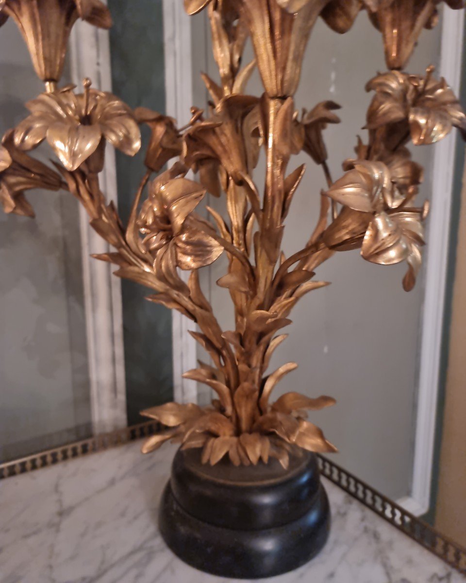 Grand Bouquet De Lys En Bronze Doré Porte Lumière-photo-3