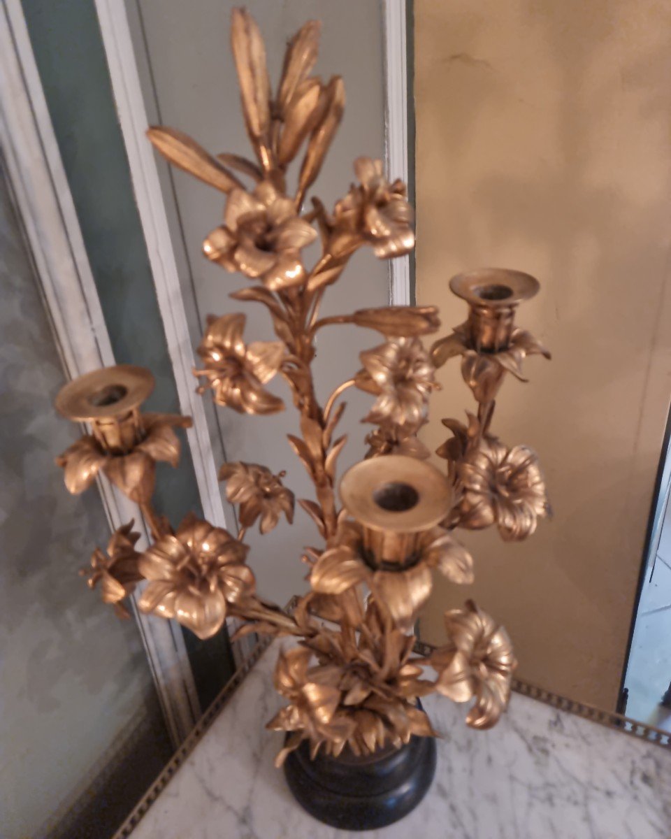 Grand Bouquet De Lys En Bronze Doré Porte Lumière-photo-4