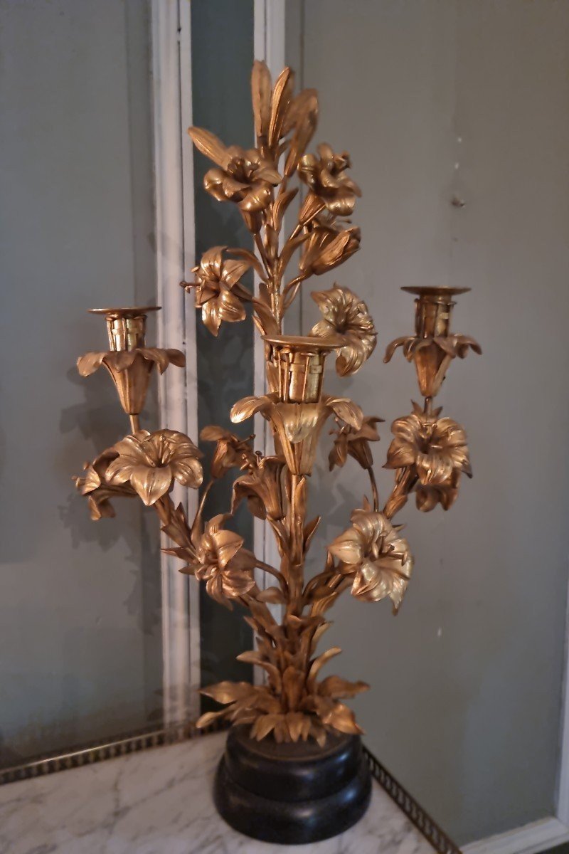 Grand Bouquet De Lys En Bronze Doré Porte Lumière