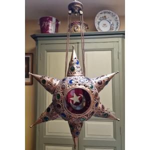 Late 19th Century Star-shaped Lantern In Brass And Colored Glass