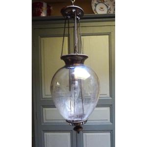 Small Lantern Or Hanging Lamp In Engraved Glass From The Late 19th Century