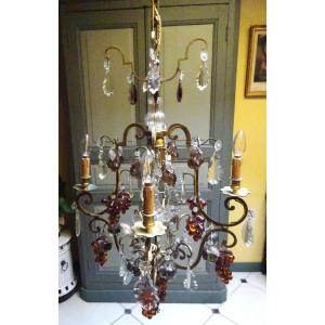 Gilded Bronze Chandelier Decorated With Colored Fruits And Crystal Plaques, Early 20th Century