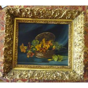 tableau de fleurs fin XIXème capucines dans un panier