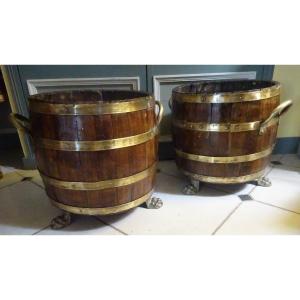 Pair Of Large Barrel-shaped Wooden Planters