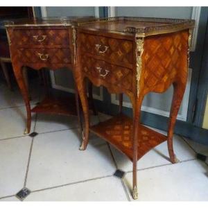 Pair Of Small Louis XV Style Marquetry Chests Of Drawers Or Bedside Tables