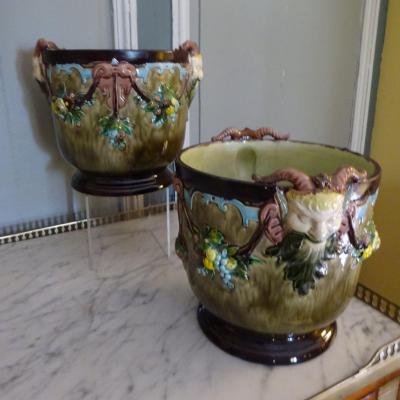 Pair Of Barbotine Planters, Late Nineteenth Time