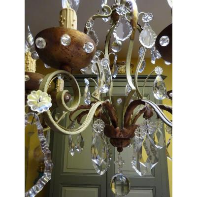 1930/1940 Chandelier In Lacquered Iron And Crystals