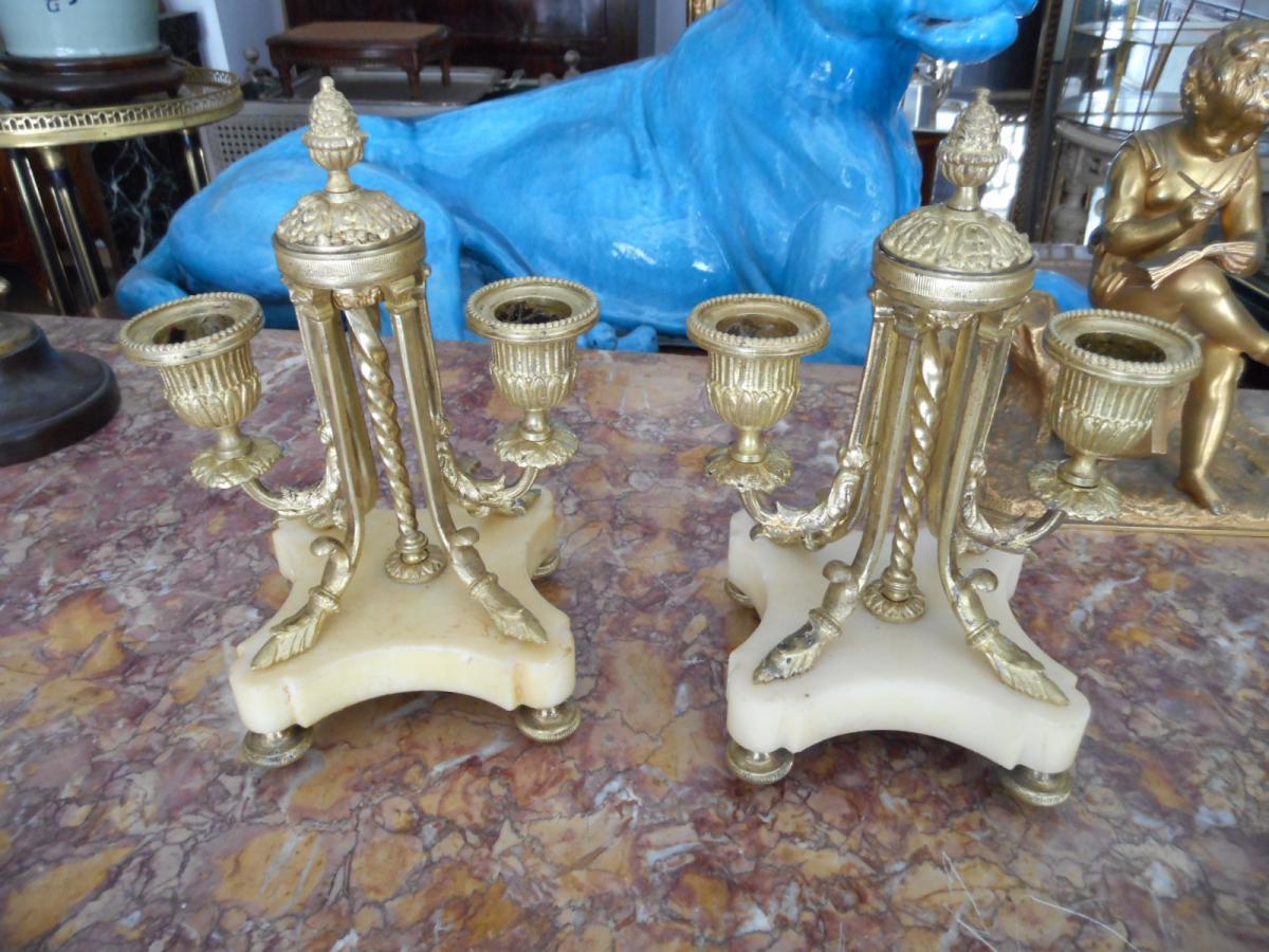 Pair Of Candlesticks In Bronze Dore And Marble 19th