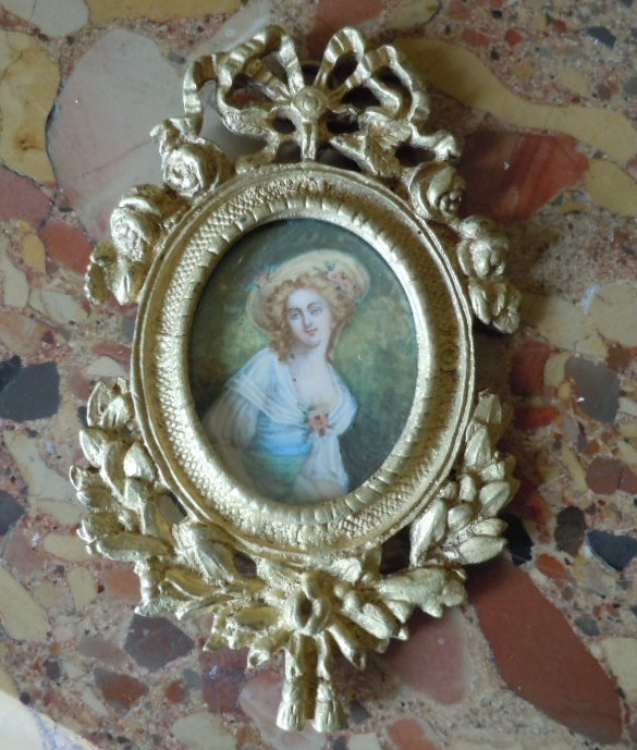 Miniature On Ivory And Bronze Frame, 19th Century-photo-2
