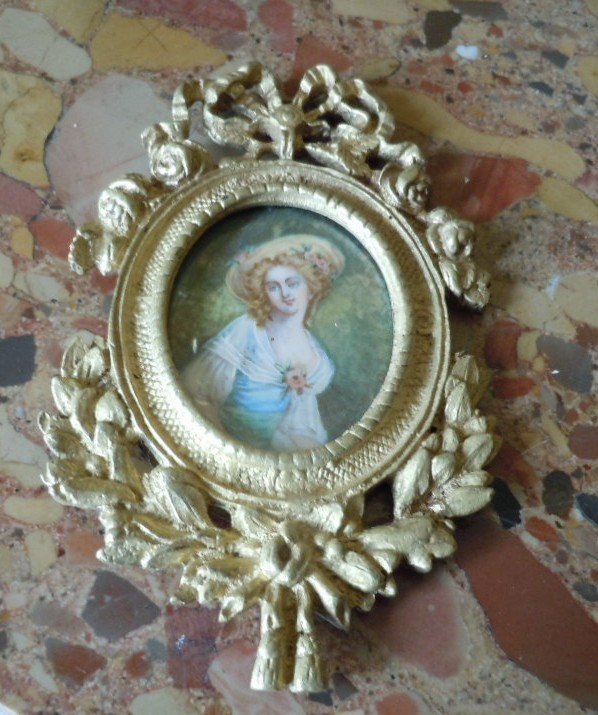 Miniature On Ivory And Bronze Frame, 19th Century-photo-3