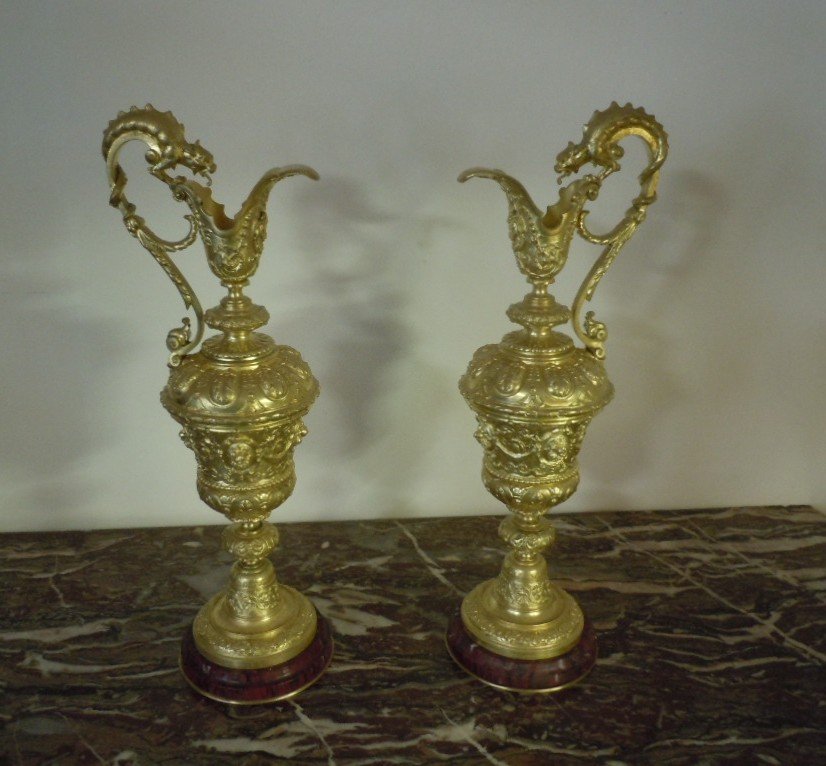 Pair Of Ewers In Gilt Bronze