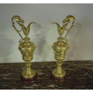 Pair Of Ewers In Gilt Bronze