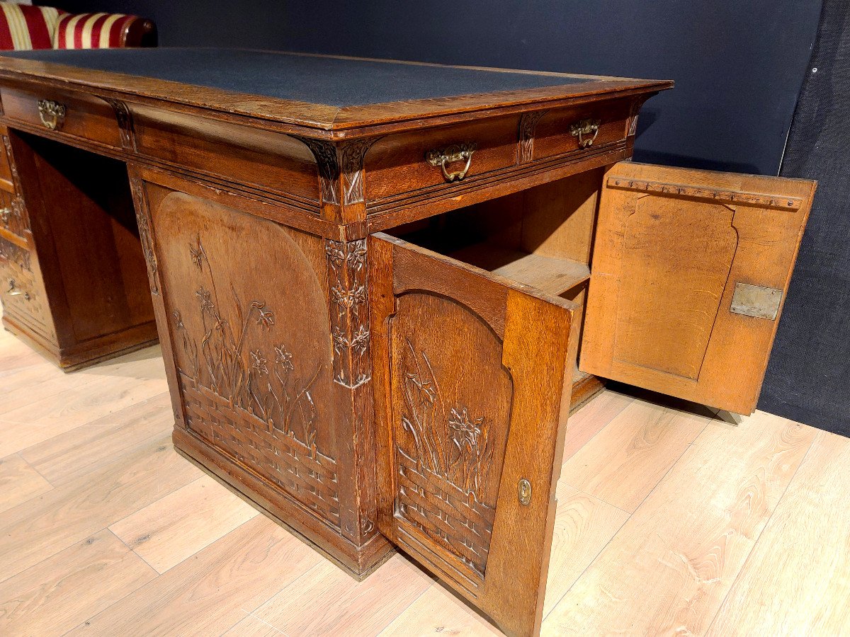 Bureau Double Face En Chêne Sculpté, époque Art Nouveau, École De Nancy.-photo-4