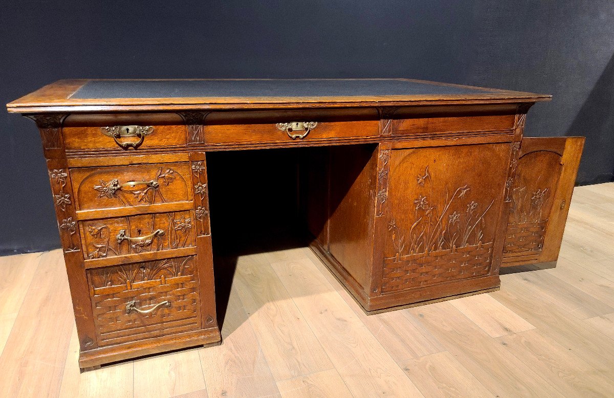 Bureau Double Face En Chêne Sculpté, époque Art Nouveau, École De Nancy.-photo-1