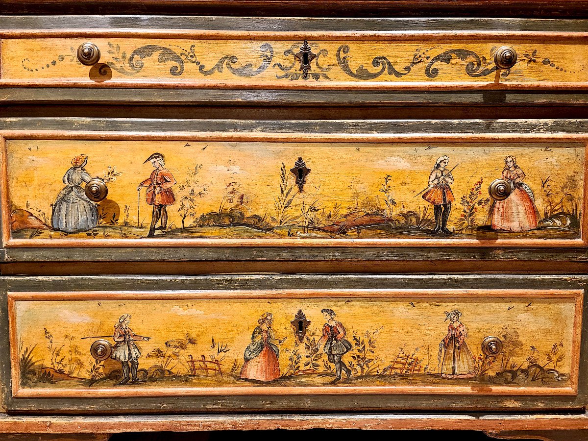 Painted Wooden Commode Decorated With Scenes Of Characters, 18th Century (116cm X 84cm X 60cm)-photo-1