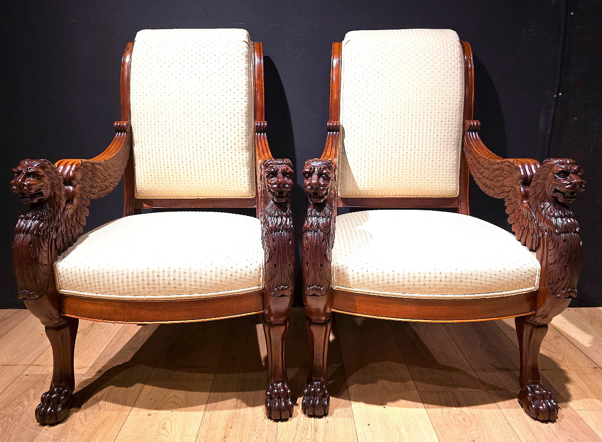 Paire De Fauteuils d'Apparat En Acajou, Décor De Lions Griffons, XIXe. (104cm X 66cm)-photo-8