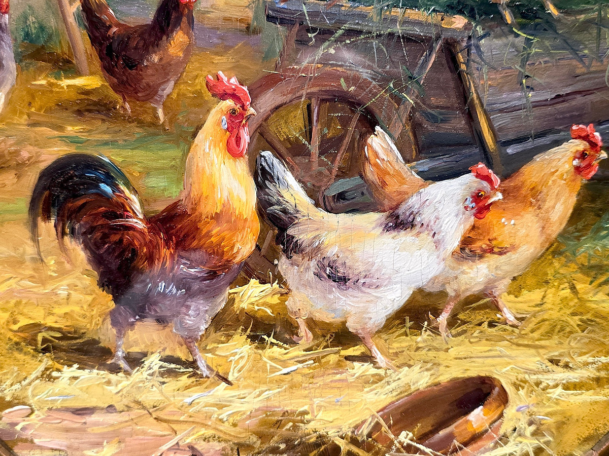 Pair Of Chicken Paintings, Farmyard, Signed Jeanne Froment. (46cm X 37cm)-photo-1