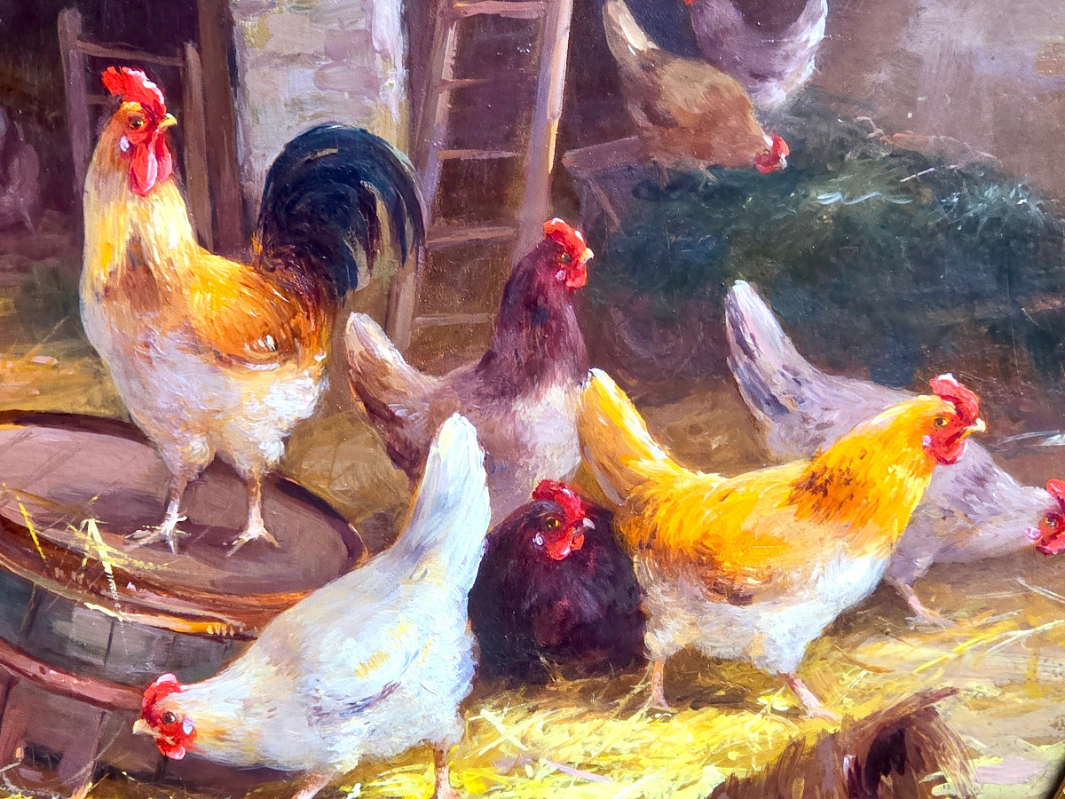 Pair Of Chicken Paintings, Farmyard, Signed Jeanne Froment. (46cm X 37cm)-photo-4