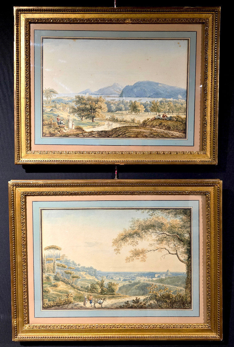 Paire d'Aquarelles, Vues De Paysages Italiens, Franz Kaisermann (1765-1833).