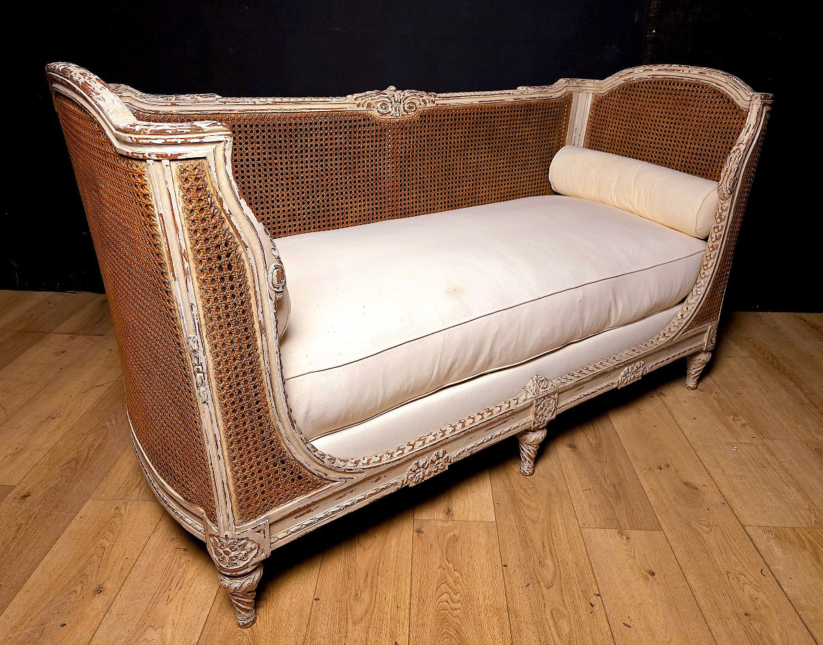 Louis XVI Alcove Sofa In Lacquered Wood, 20th Century. (173cm).-photo-4