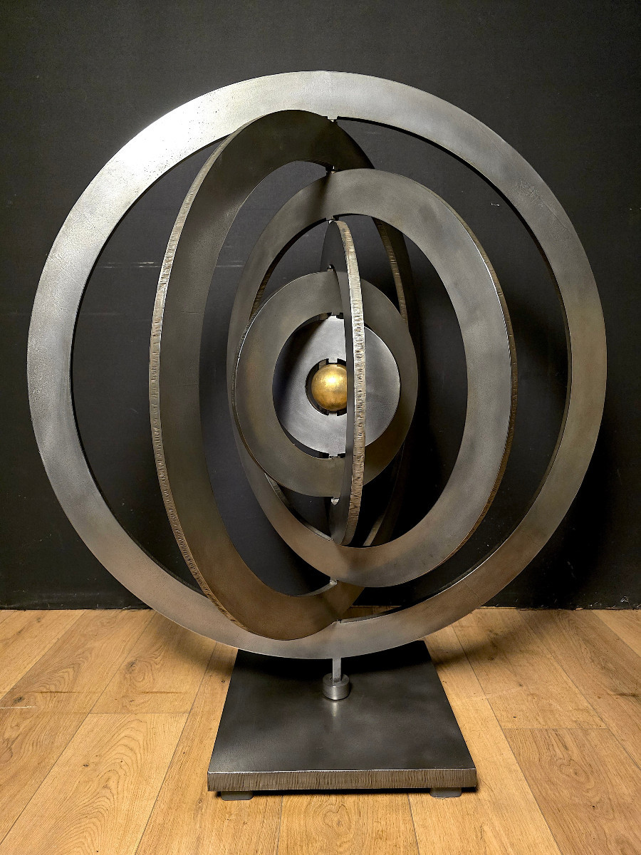 Importante Sphère Armillaire En Métal, Astrolabe, Signé Stolnikoff. (112cm x 99cm x 99cm)-photo-5