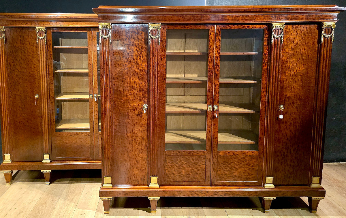 Pair Of Louis XVI Style Bookcases In Mottled Mahogany, Late 19th Century, Circa 1900. (197cm X 179cm).-photo-2