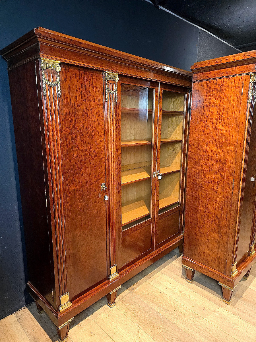 Pair Of Louis XVI Style Bookcases In Mottled Mahogany, Late 19th Century, Circa 1900. (197cm X 179cm).-photo-3