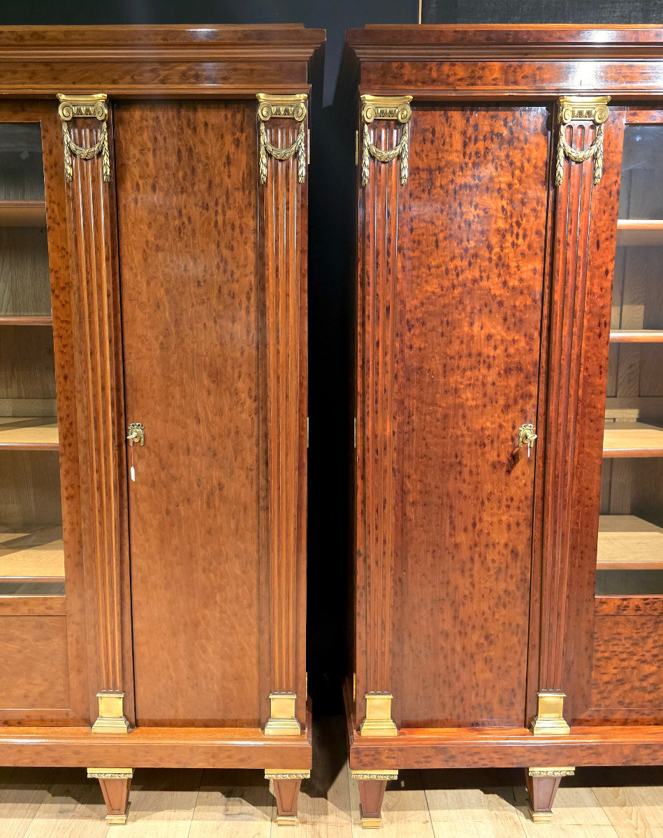 Pair Of Louis XVI Style Bookcases In Mottled Mahogany, Late 19th Century, Circa 1900. (197cm X 179cm).-photo-7