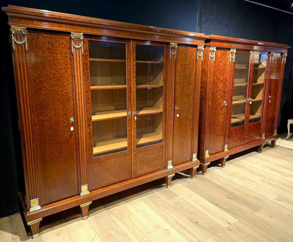 Pair Of Louis XVI Style Bookcases In Mottled Mahogany, Late 19th Century, Circa 1900. (197cm X 179cm).