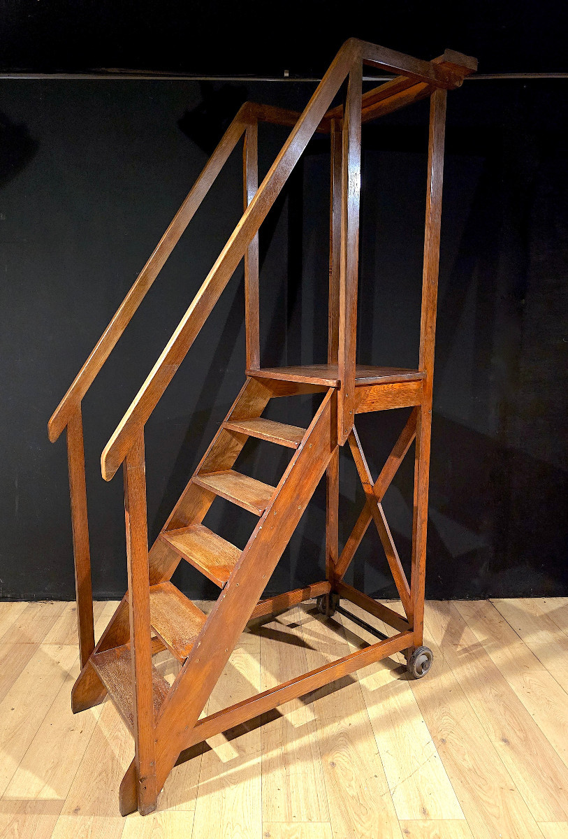 Escalier De Bibliothèque En Chêne, Début XXe. (225cm).-photo-2