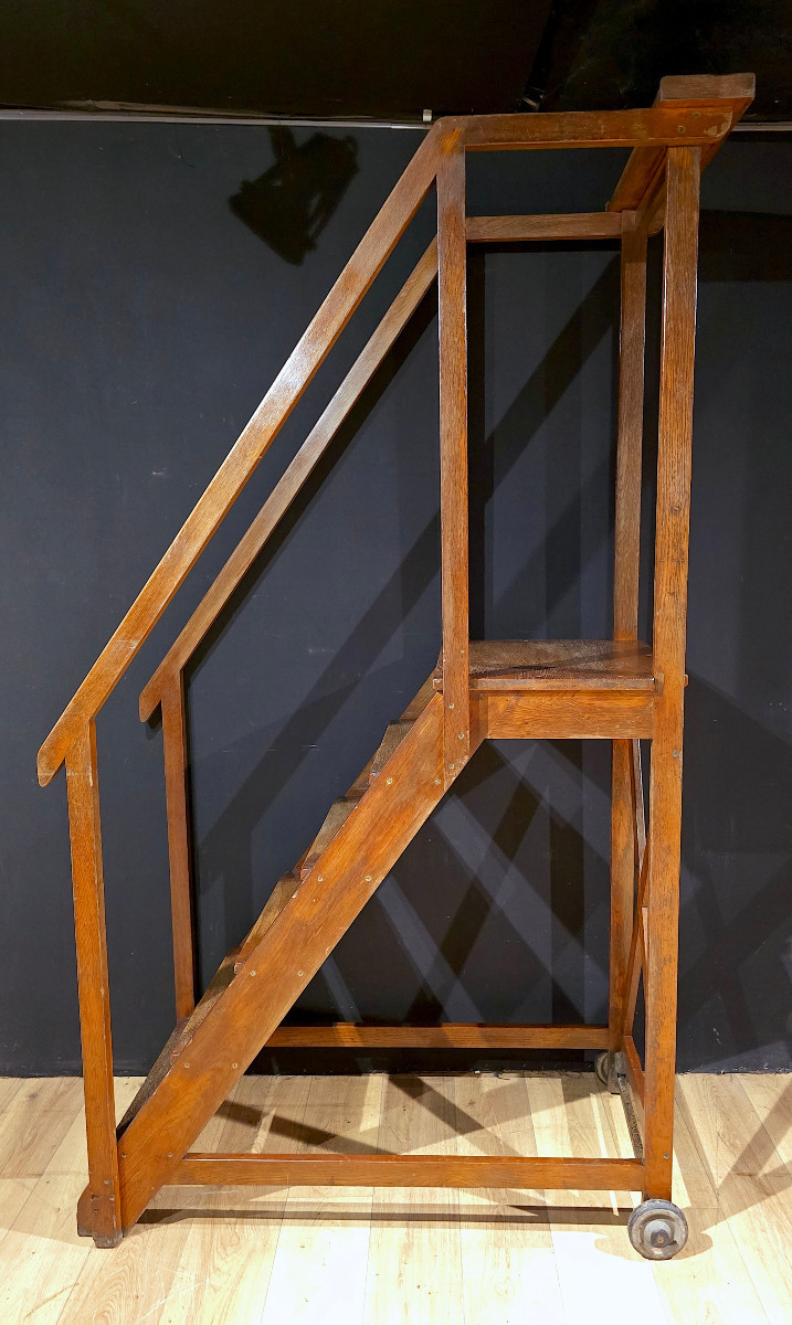 Escalier De Bibliothèque En Chêne, Début XXe. (225cm).-photo-4