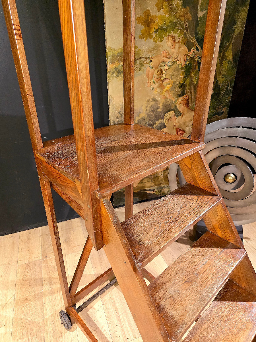 Escalier De Bibliothèque En Chêne, Début XXe. (225cm).-photo-2