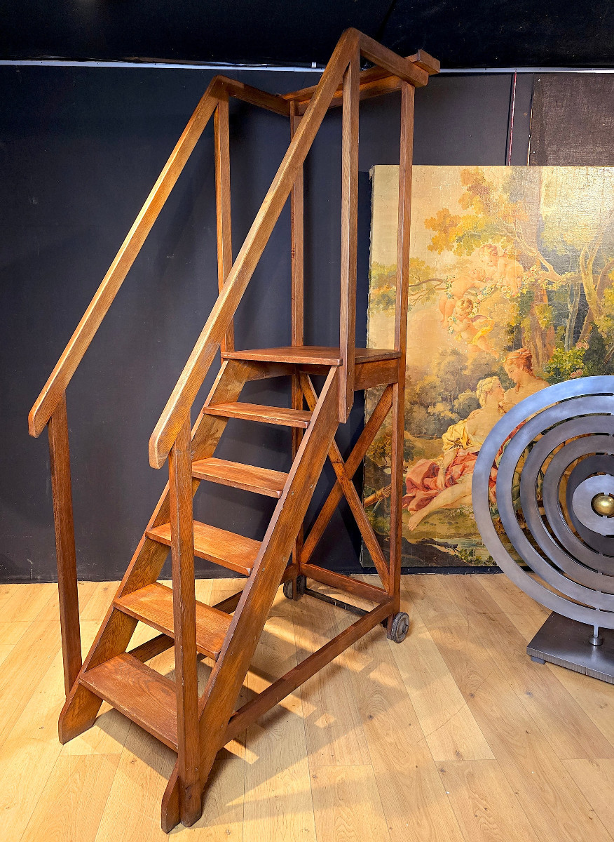 Escalier De Bibliothèque En Chêne, Début XXe. (225cm).-photo-5